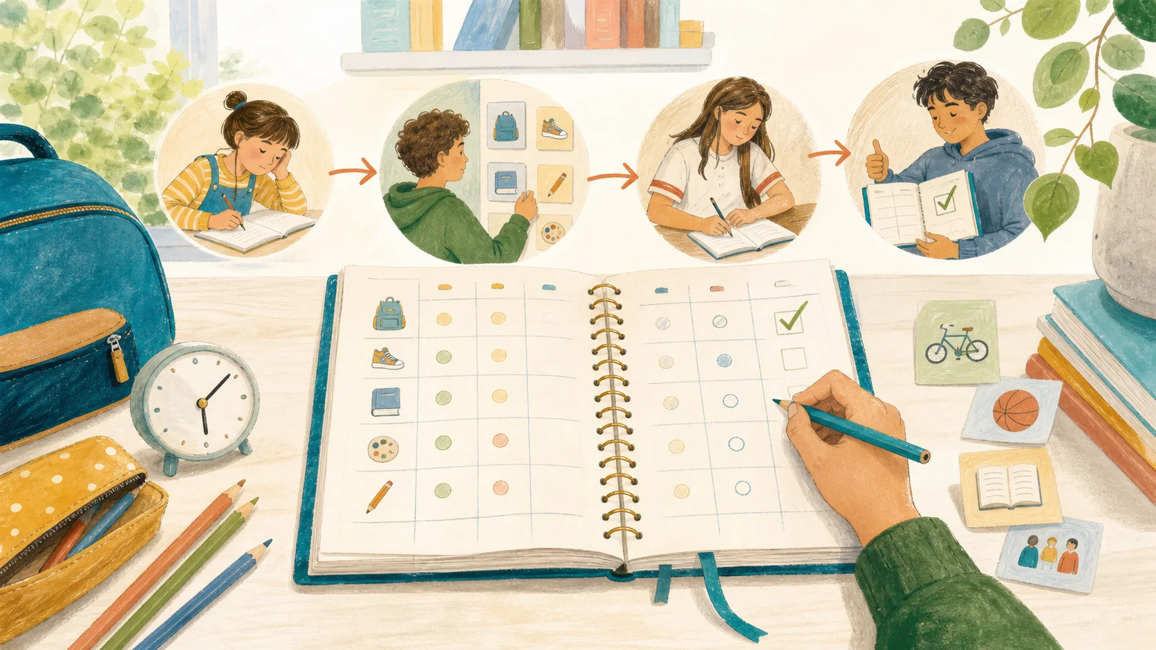Ilustración editorial dunha axenda escolar e dunha rutina de organización para alumnado de distintas idades