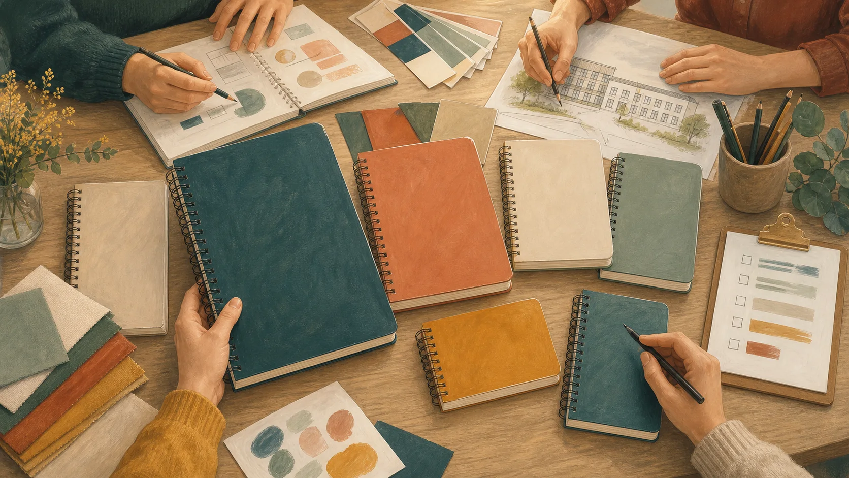 Ilustración editorial dun equipo escollendo formatos e cores para axendas personalizadas dun centro educativo