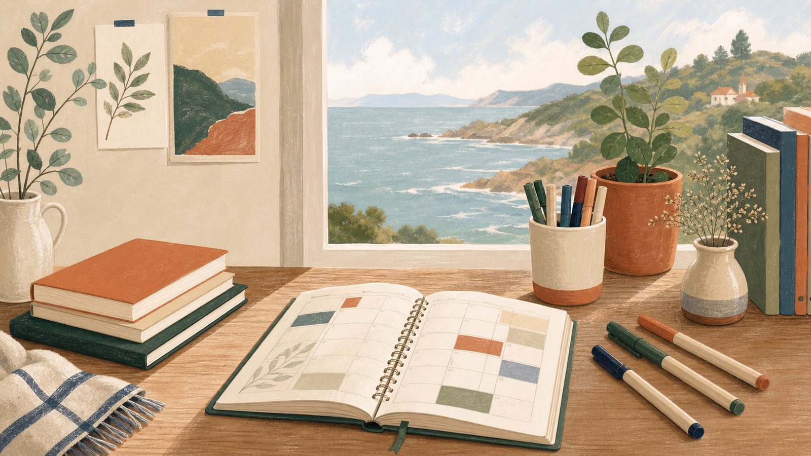 Ilustración editorial dun calendario e material escolar para o curso en Galicia