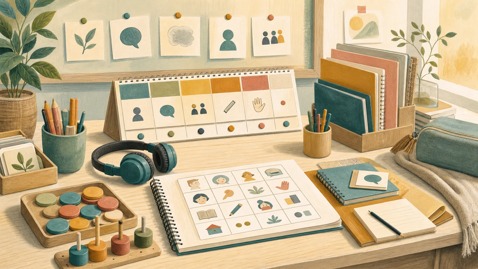 Ilustración editorial de materiais, pictogramas e axenda para o traballo de PT e AL